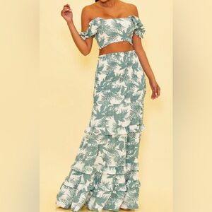 Blue and White Floral Maxi Skirt with Tiered Trumpet Style